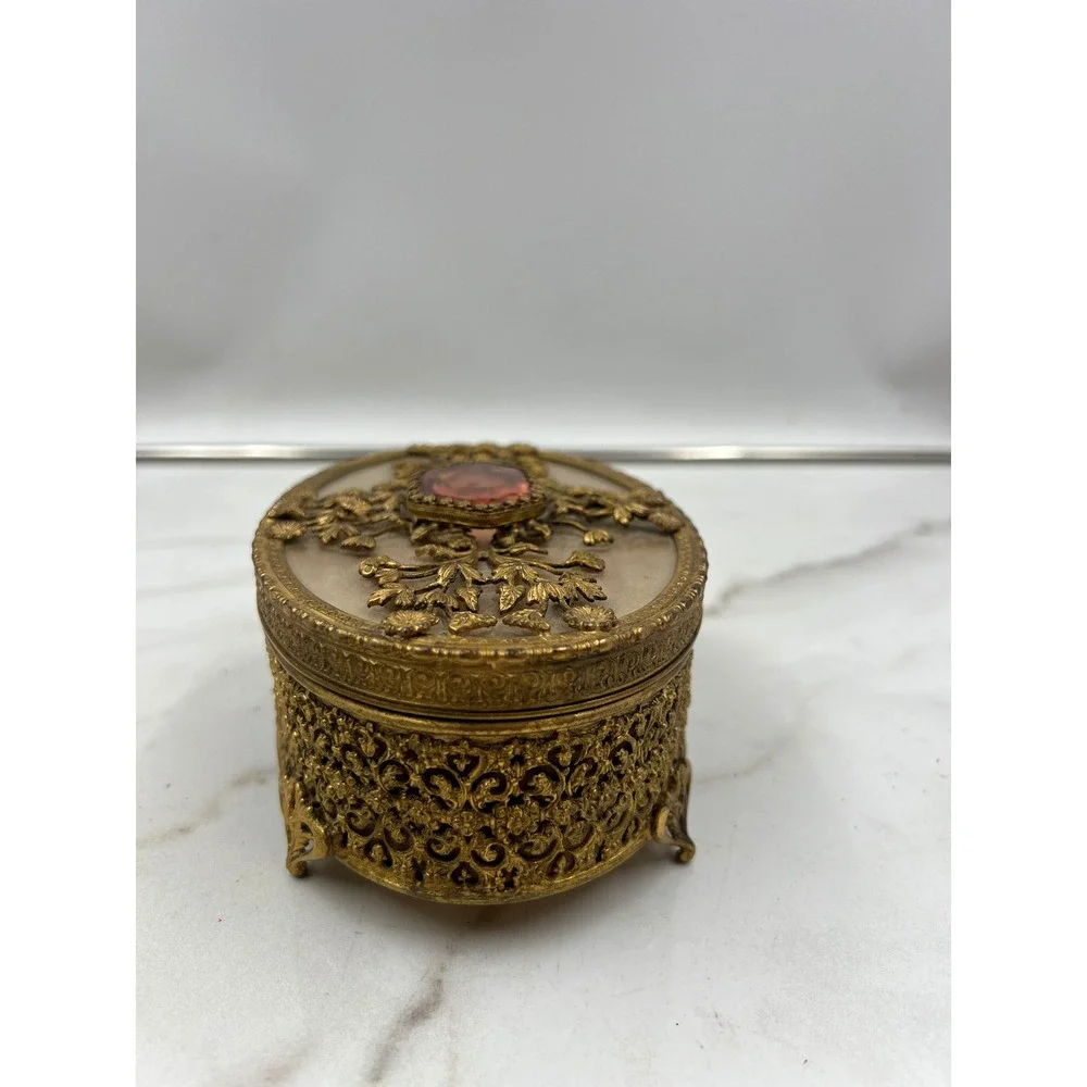 Vintage Filigree Amber Glass Jeweled Top Jewelry Trinket Box Display Case